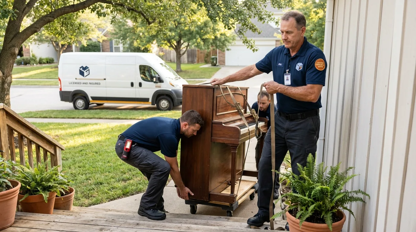 Licensed piano movers securing grand piano in Soda Springs, ID