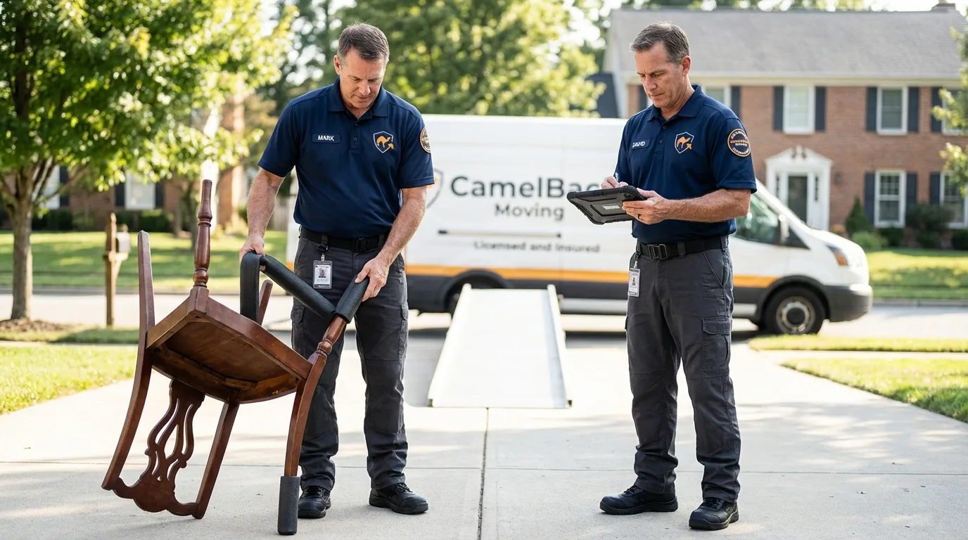 Movers inspecting furniture for damage prevention before loading in Soda Springs, ID
