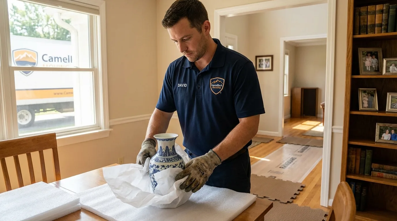 Professional crew carefully wrapping antique vase for senior downsizing move in Soda Springs, ID